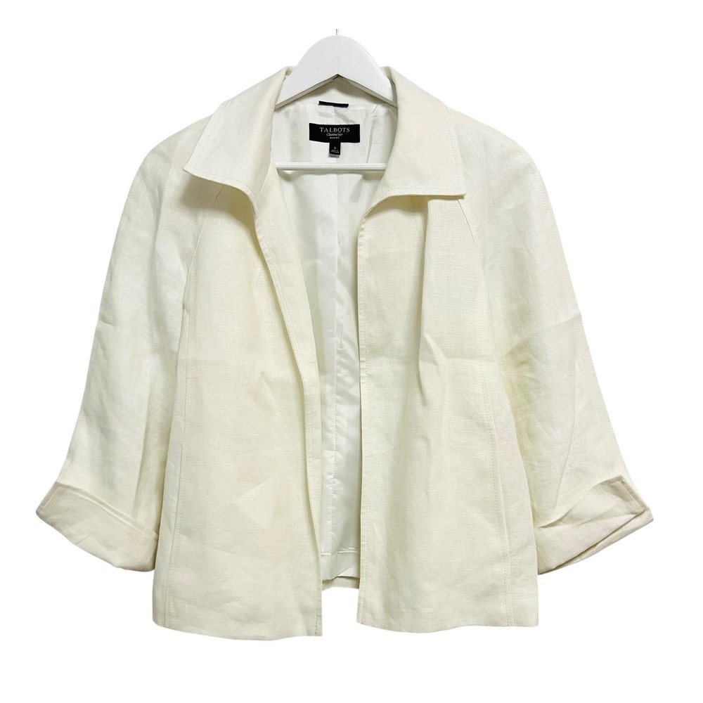 Talbots Jacket Womens Petite Small White Pure Linen Open Front 3/4 Sleeve Lined